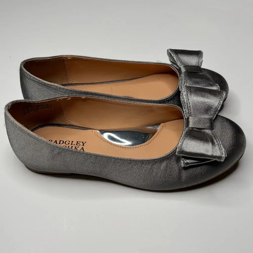Badgley Mischka Amber Glitzy Bow Silver Ballet Flats Girls Size 12